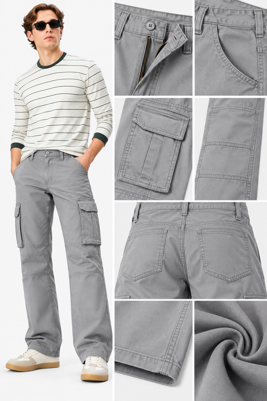 Men's Grey 6 Pocket Straight Cargo Pants|THE DIVINE