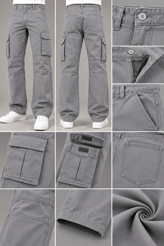 Men's Grey 6 Pocket Straight Cargo Pants|THE DIVINE