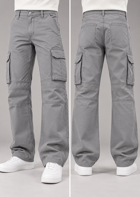 Men's Grey 6 Pocket Straight Cargo Pants|THE DIVINE
