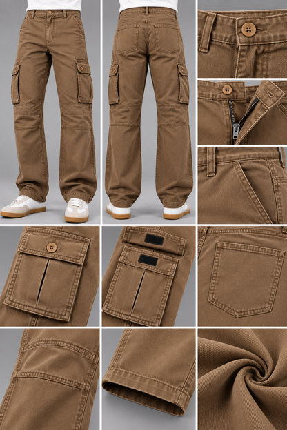 Men's Light Brown 6 Pocket Straight Cargo Pants|THE DIVINE