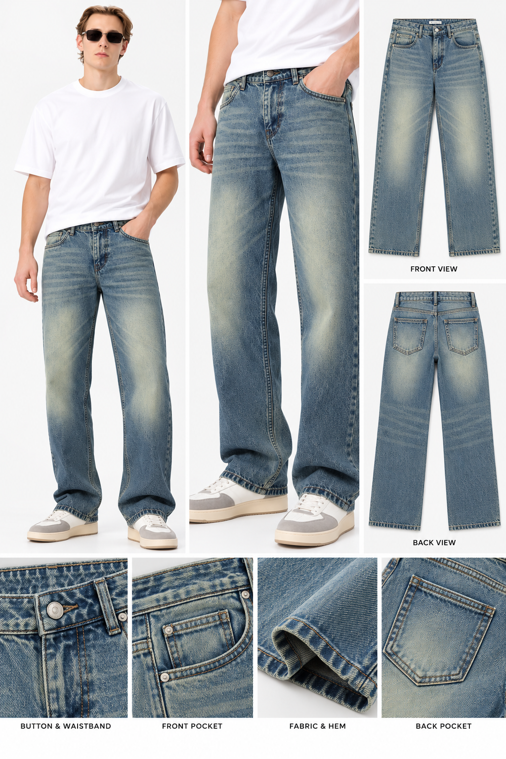 men’s light blue stone washed faded baggy-fit jeans | the divine