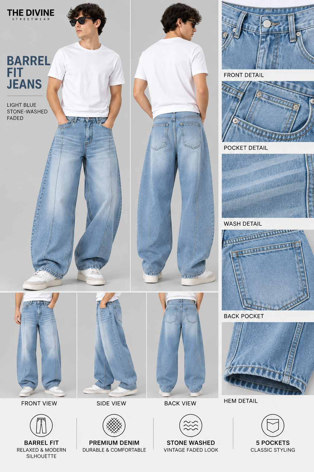 men’s light blue stone-washed faded barrel-fit jeans | the divine