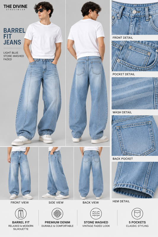 Men’s Light Blue Stone-Washed Faded Barrel-Fit Jeans | THE DIVINE