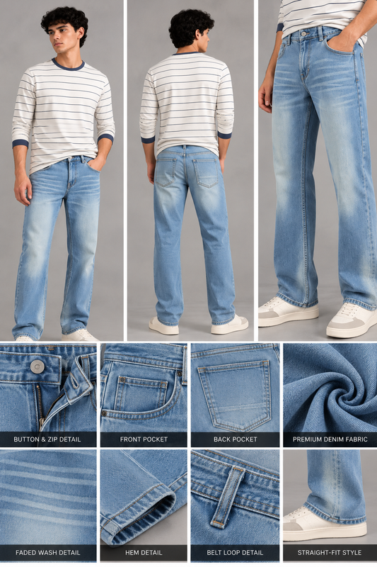Men’s Light Blue Washed Faded Straight-Fit Jeans | THE DIVINE