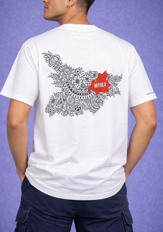 Men’s Graphic Printed T-Shirt – White “Mithila Roots” Ethnic Streetwear Tee