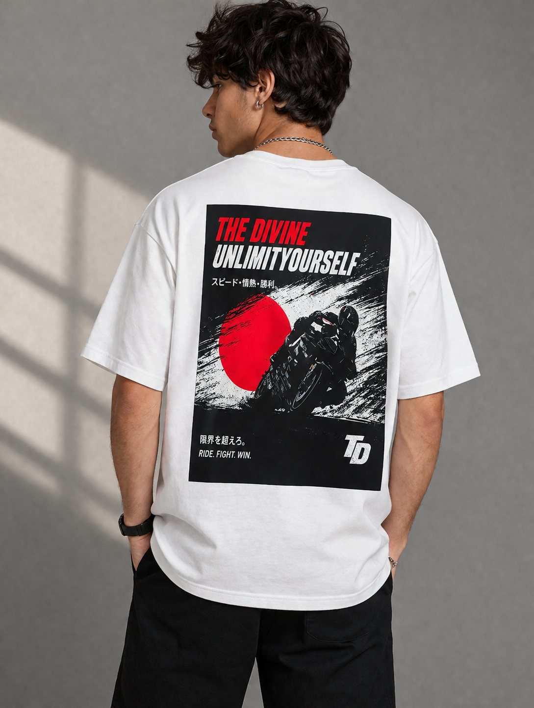 ride fight win motorcycle oversized t-shirt | white graphic back print tee