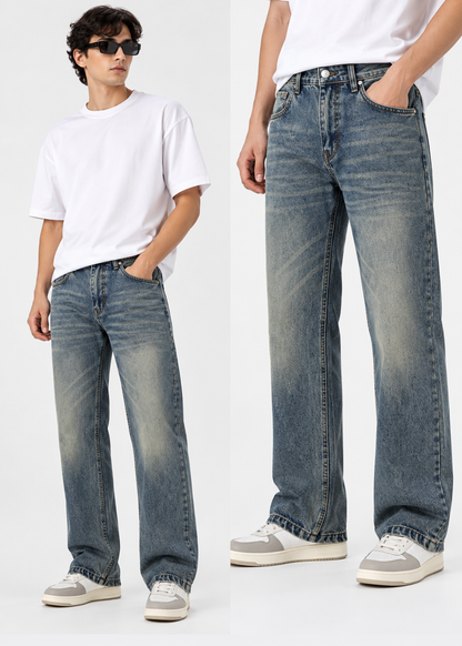 Men’s Mid Blue Stone Washed Faded Baggy-Fit Jeans |THE DIVINE