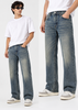 Men’s Mid Blue Stone Washed Faded Baggy-Fit Jeans |THE DIVINE