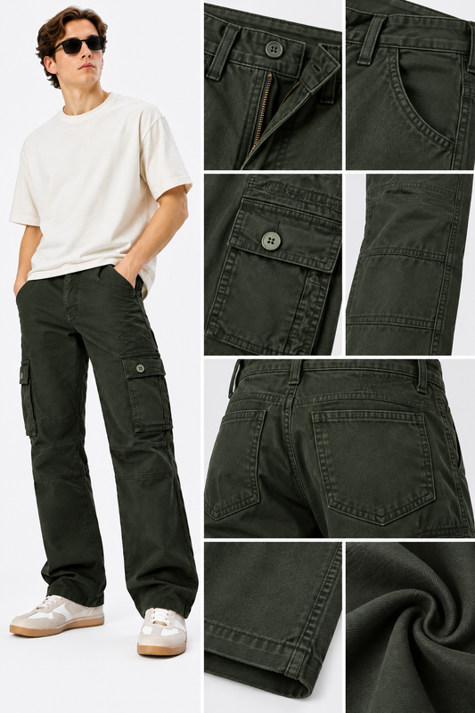 Men's Olive green 6 Pocket Straight Cargo Pants|THE DIVINE