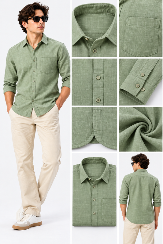 Men's Light Olive Green Linen Shirt Regular Fit|THE DIVINE
