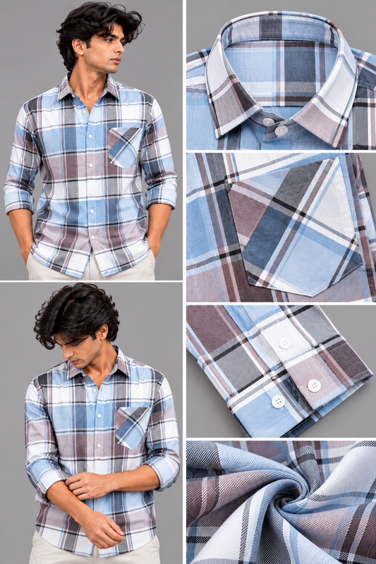 Men’s Sky Blue, White & Taupe Check Cotton Shirt |THE DIVINE
