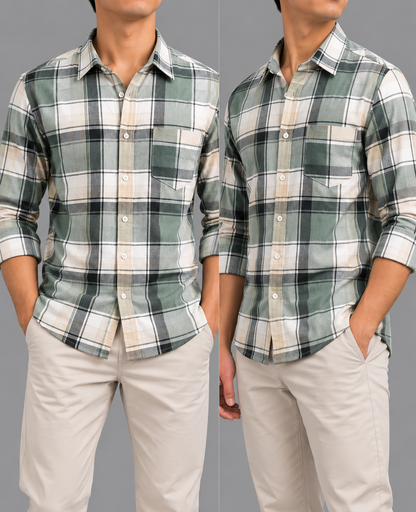 Men’s Sage Green & Cream Check Cotton Shirt | THE DIVINE