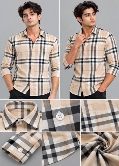 Men’s Beige & Black Check Cotton Shirt | THE DIVINE