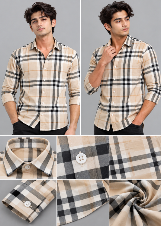Men’s Beige & Black Check Cotton Shirt | THE DIVINE