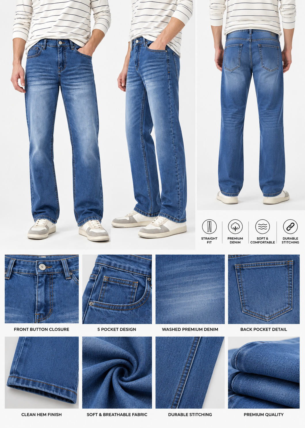 men’s mid blue washed faded straight-fit jeans | the divine