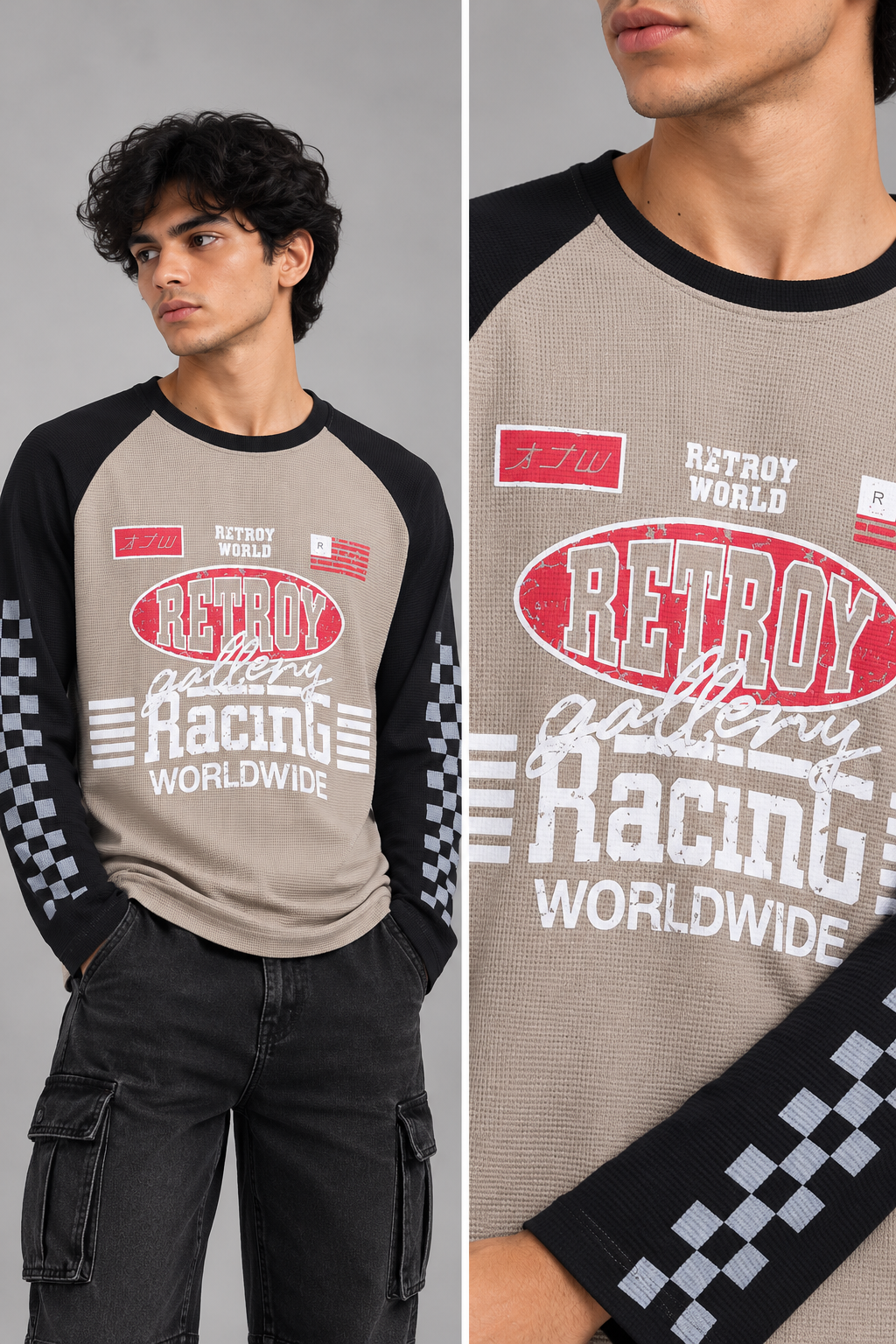 men’s beige & black colorblock racing graphic waffle t-shirt |the divine