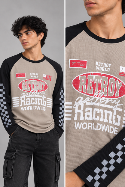 Men’s Beige & Black Colorblock Racing Graphic Waffle T-Shirt |THE DIVINE