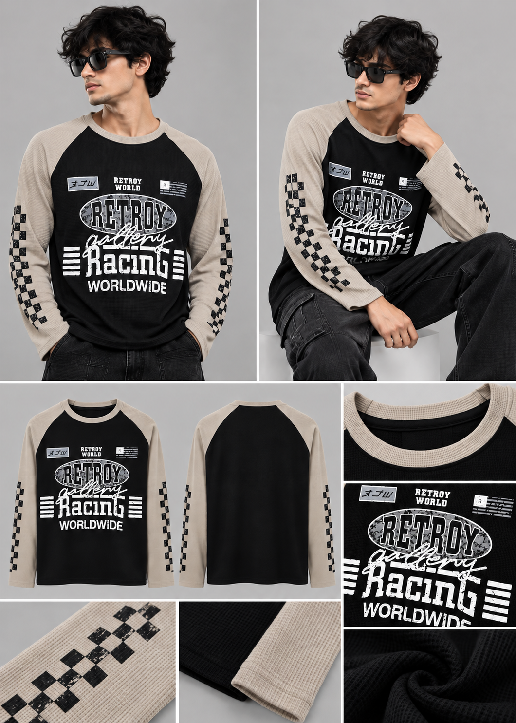 men’s black & beige colorblock racing graphic waffle t-shirt |the divine