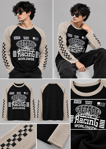 Men’s Black & Beige Colorblock Racing Graphic Waffle T-Shirt |THE DIVINE