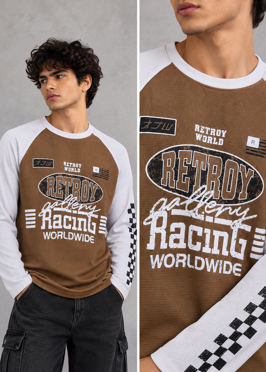 Men’s Brown & Grey Colorblock Graphic Full-Sleeve T-Shirt |THE DIVINE
