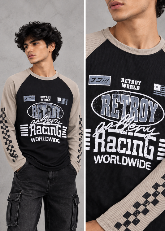 Men’s Black & Beige Colorblock Racing Graphic Waffle T-Shirt |THE DIVINE