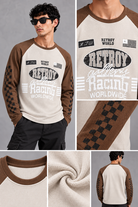 Men’s Grey & Brown Colorblock Retro Racing Graphic Waffle T-Shirt |THE DIVINE