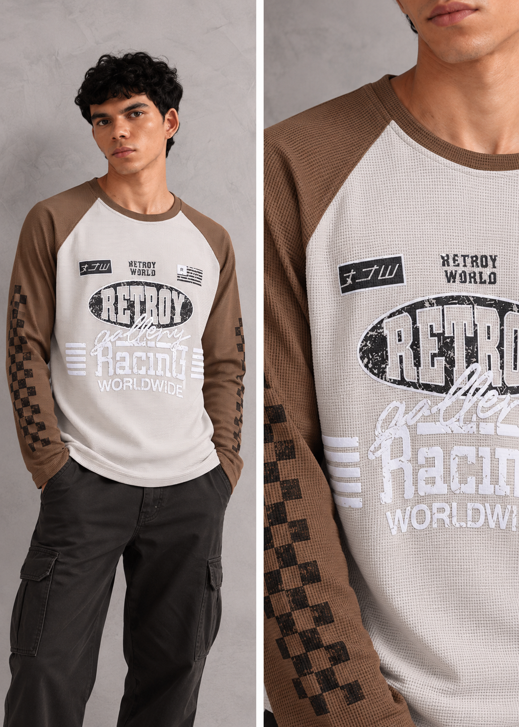 men’s grey & brown colorblock retro racing graphic waffle t-shirt |the divine