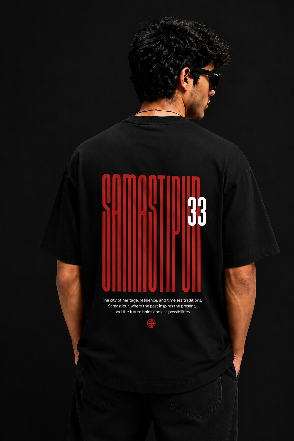 samastipur 33 oversized graphic t-shirt for men | premium cotton typography back print tee | black