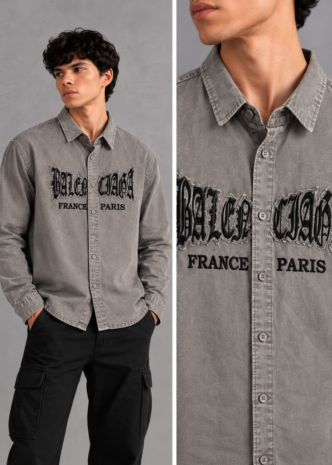 men’s olive green washed graphic embroidered boxy fit full-sleeve shirt | the divine