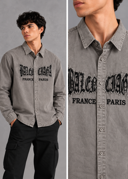 Men’s Olive Green Washed Graphic Embroidered Boxy Fit Full-Sleeve Shirt | THE DIVINE