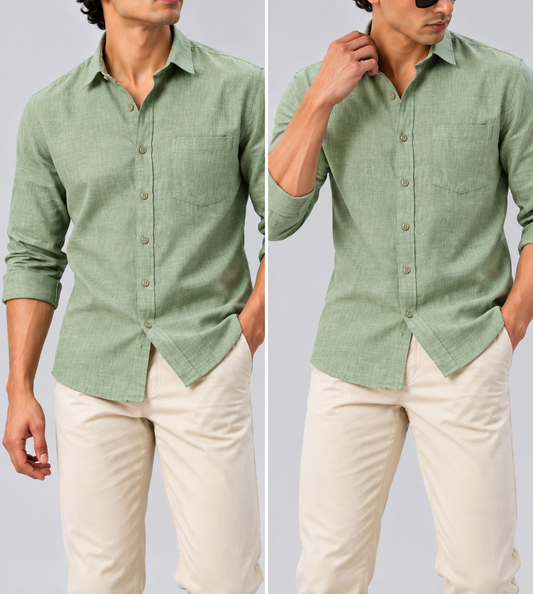 Men's Light Olive Green Linen Shirt Regular Fit|THE DIVINE