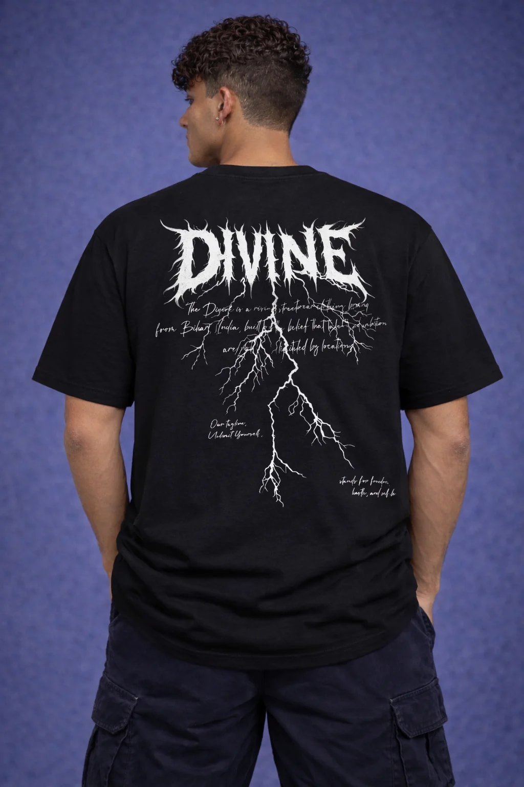 men’s oversized graphic printed t-shirt – black “divine thunder” streetwear tee