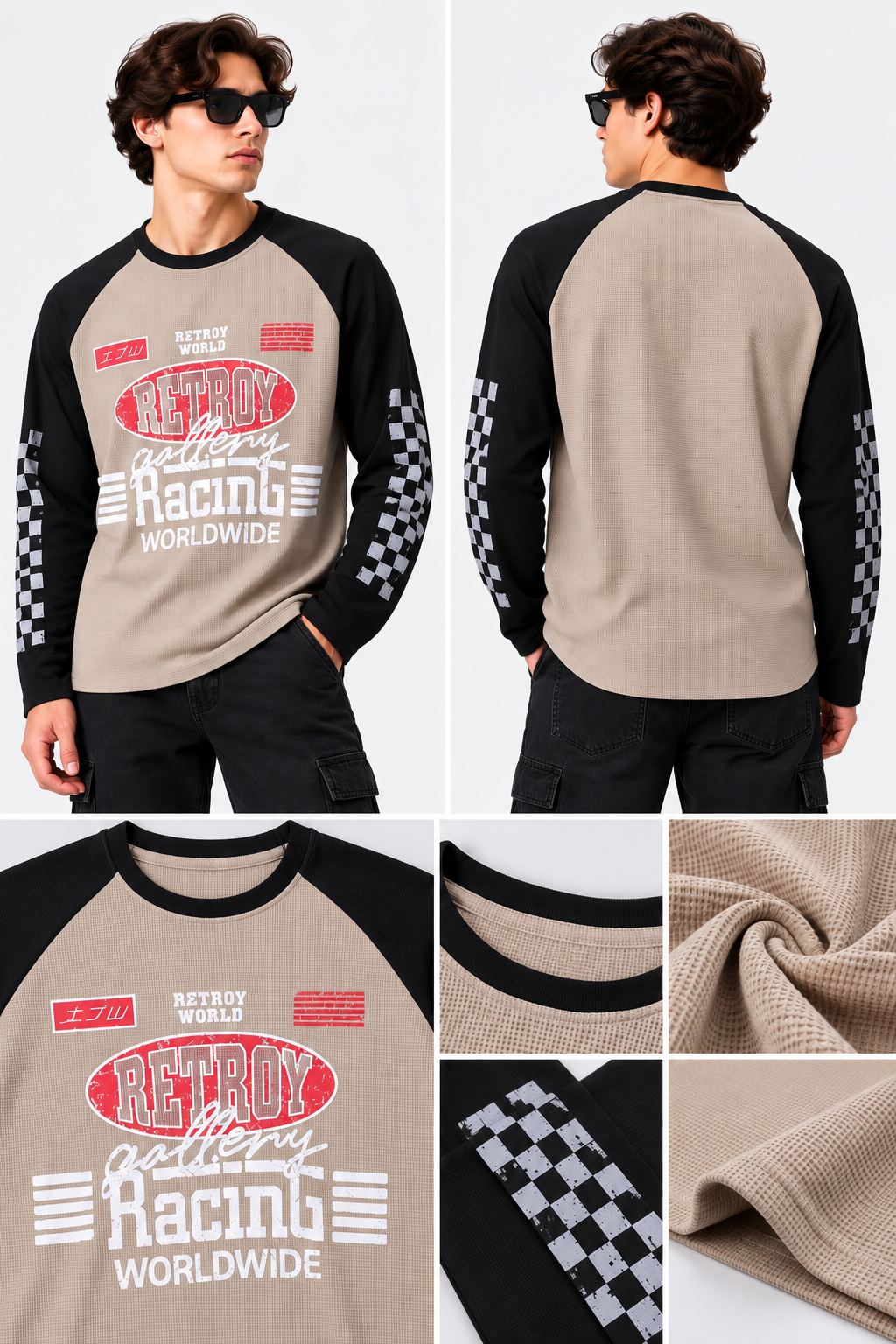 men’s beige & black colorblock racing graphic waffle t-shirt |the divine
