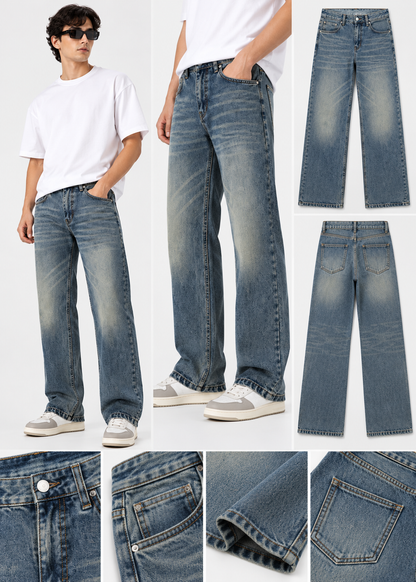 Men’s Mid Blue Stone Washed Faded Baggy-Fit Jeans |THE DIVINE