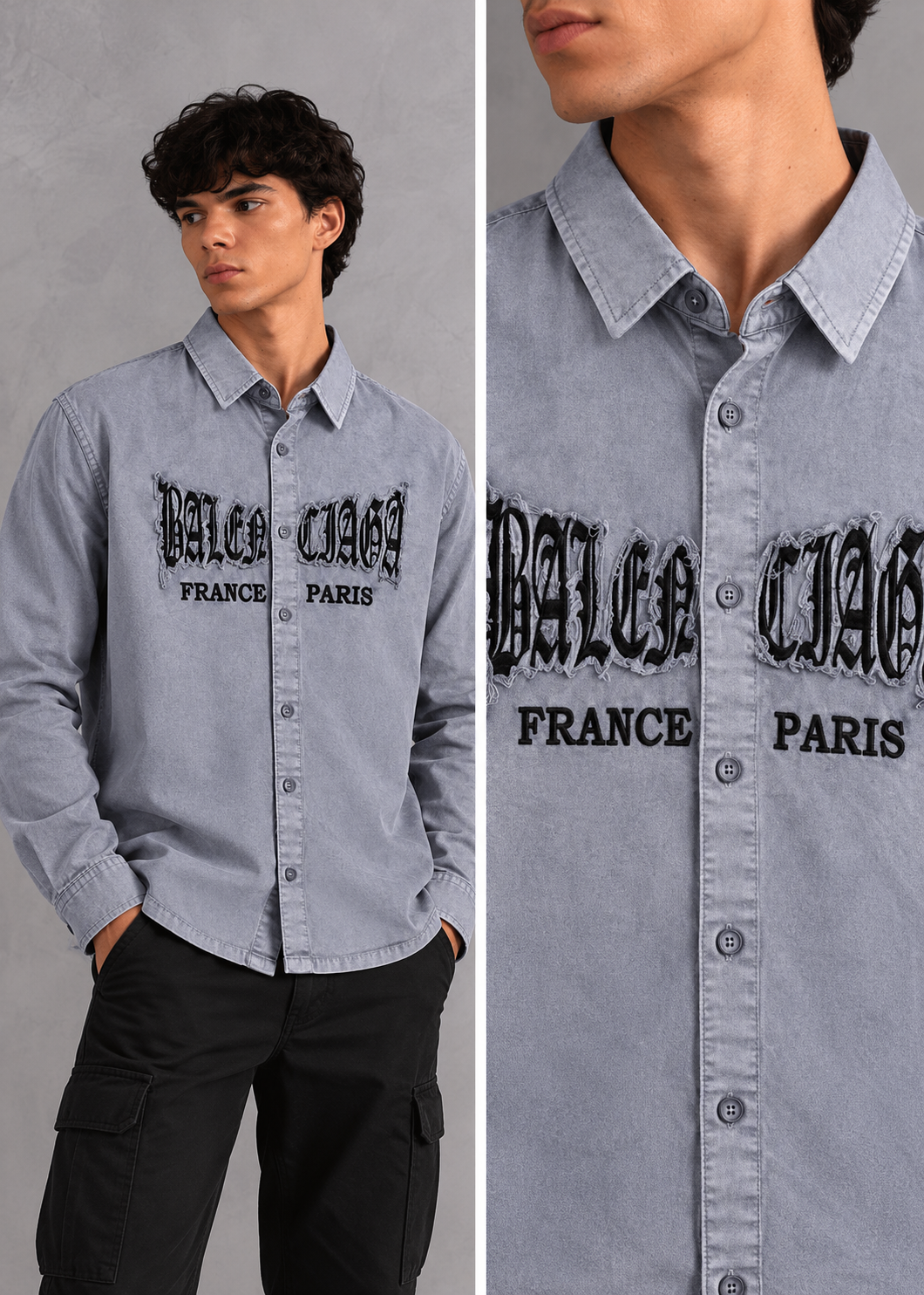 men’s light grey washed graphic embroidered boxy fit full-sleeve shirt | the divine