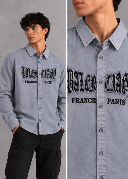Men’s Light Grey Washed Graphic Embroidered Boxy Fit Full-Sleeve Shirt | THE DIVINE