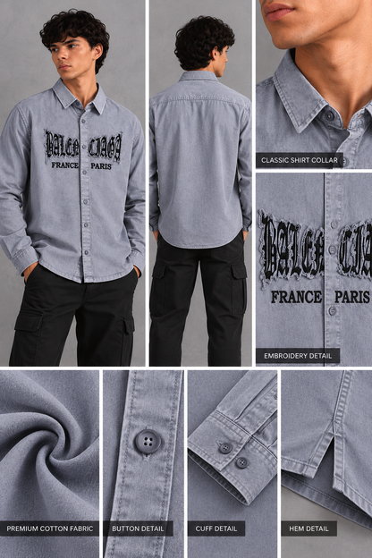 Men’s Light Grey Washed Graphic Embroidered Boxy Fit Full-Sleeve Shirt | THE DIVINE