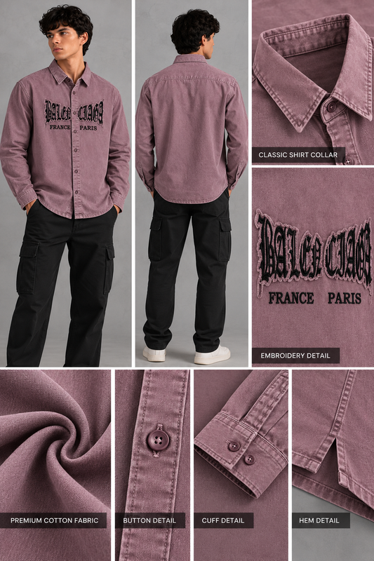 Men’s Mauve Washed Graphic Embroidered boxy Fit Full-Sleeve Shirt | THE DIVINE