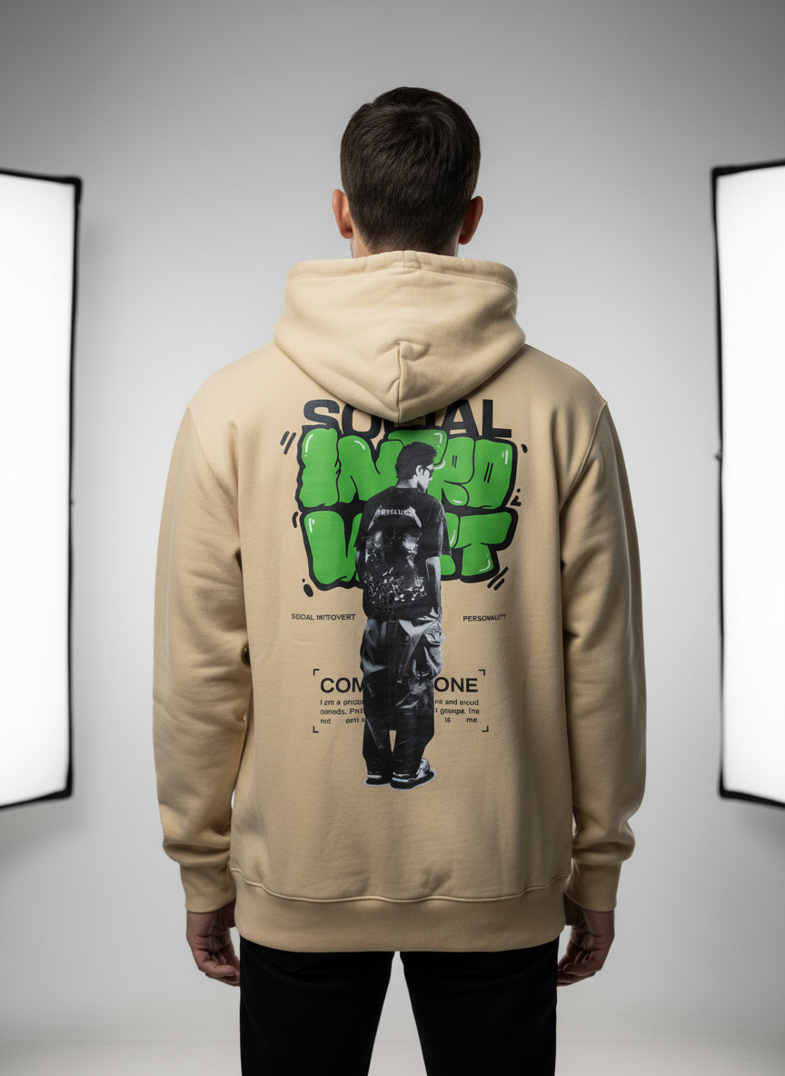 Men’s Beige “Social Introvert” Graphic Back Hoodie