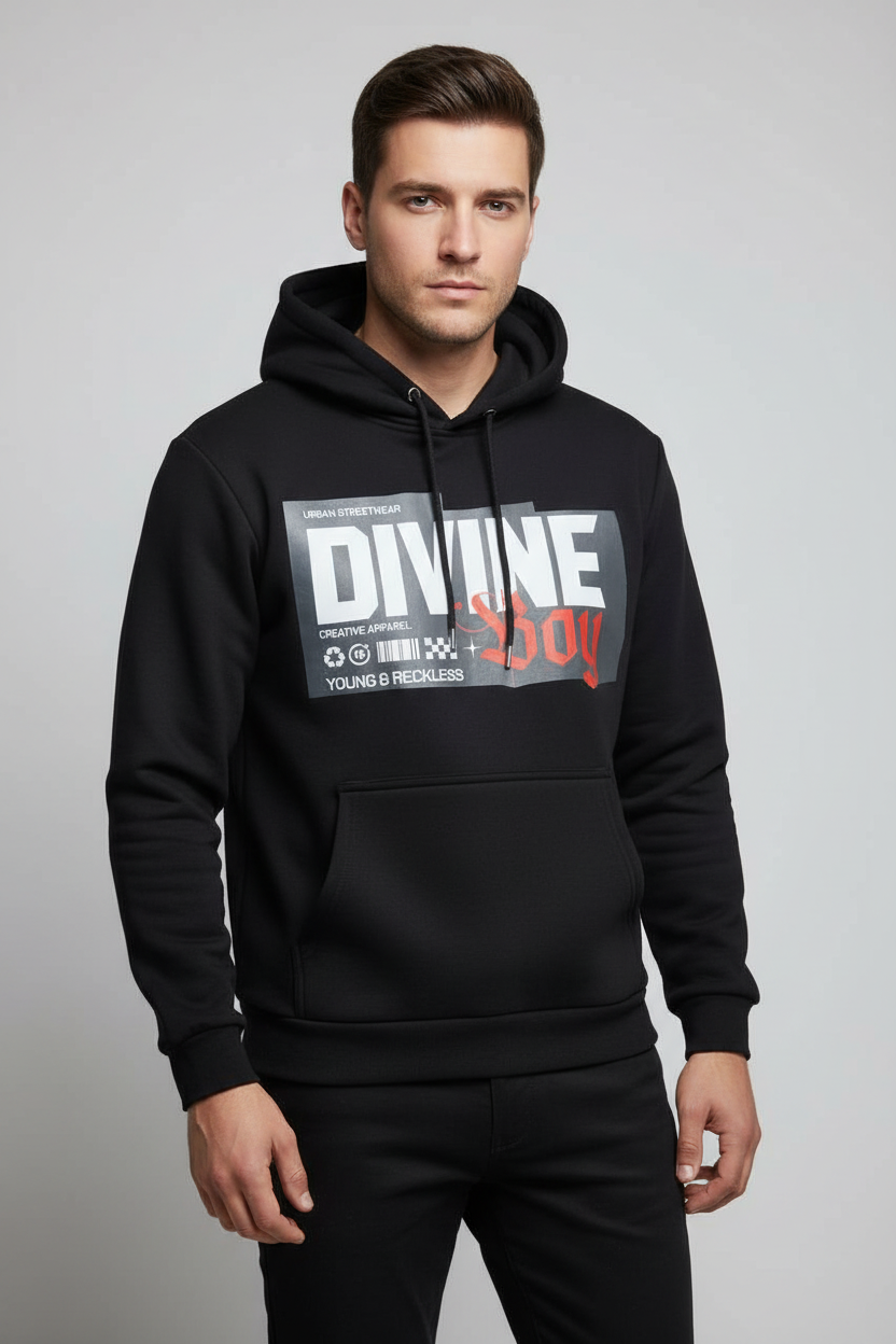Men’s Black “Divine Boy” Urban Streetwear Hoodie