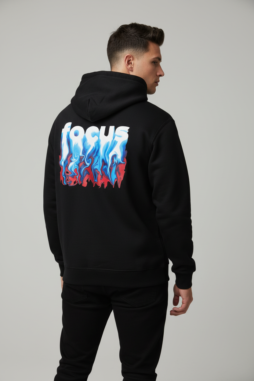 Men’s Black “FOCUS” Flame Graphic Back Hoodie
