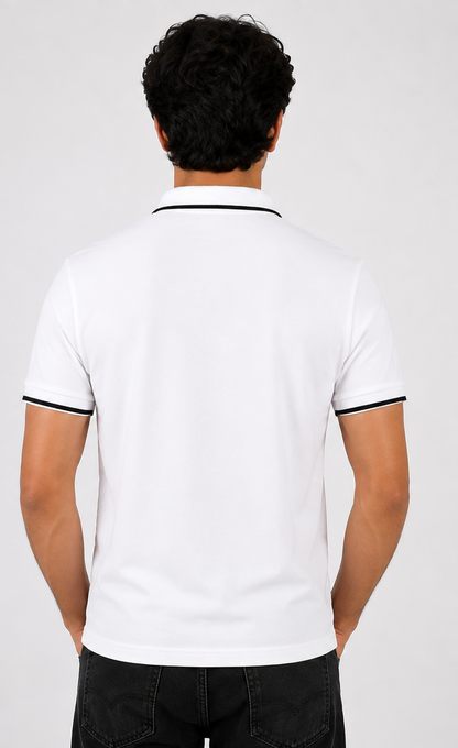White Polo T-Shirt with Contrast Collar & Sleeve Detailing | Premium Casual Wear