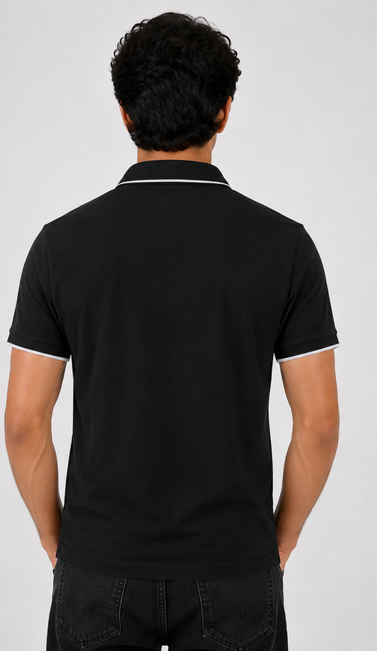 Black Polo T-Shirt with Contrast Collar & Sleeve Detailing | Premium Casual Wear