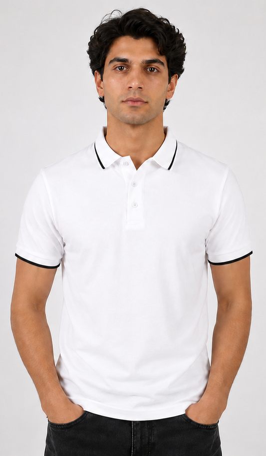 White Polo T-Shirt with Contrast Collar & Sleeve Detailing | Premium Casual Wear