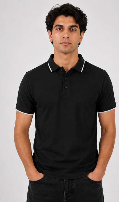 Black Polo T-Shirt with Contrast Collar & Sleeve Detailing | Premium Casual Wear