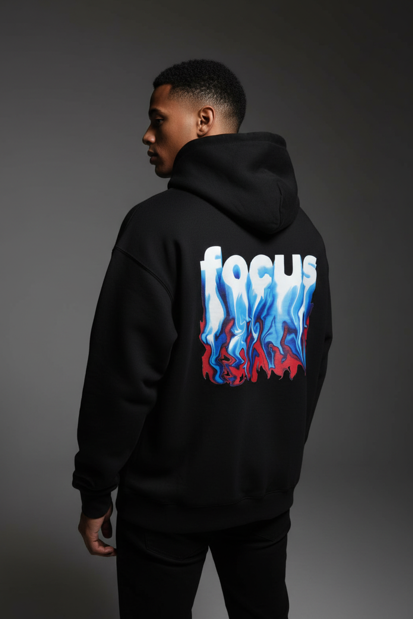 Men’s Black “FOCUS” Flame Graphic Back Hoodie