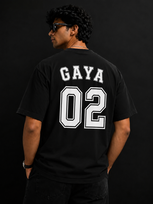 Gaya 02 Oversized Graphic T-Shirt for Men | Premium Cotton Varsity Back Print Tee | Black