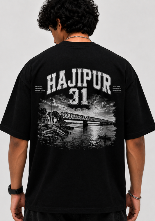 Hajipur 31 Oversized Graphic T-Shirt for Men | Premium Cotton Heritage Back Print Tee | Black