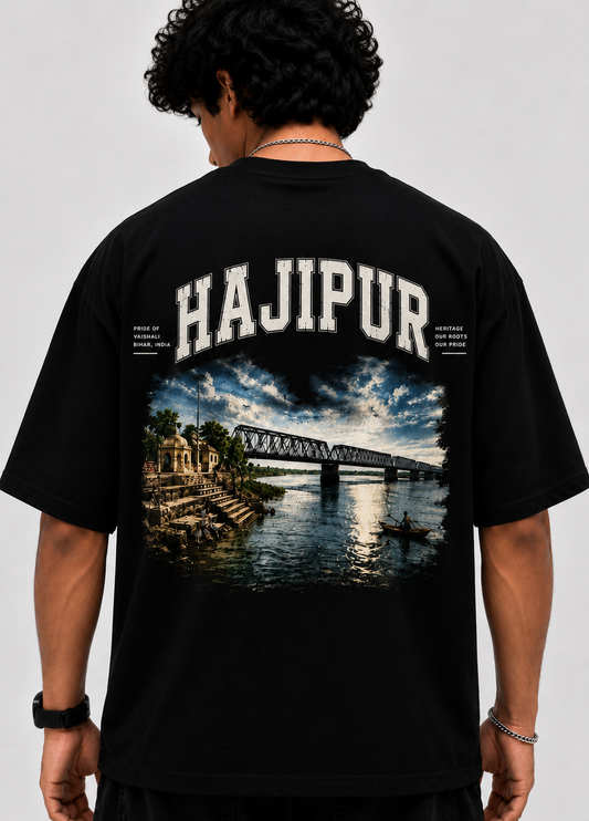 Hajipur 31 Oversized Graphic T-Shirt for Men | Premium Cotton Heritage Back Print Tee | Black