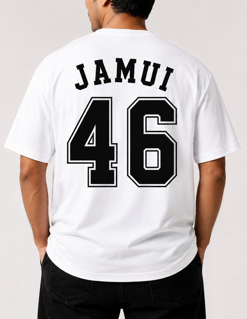 jamui 46 oversized back print t-shirt | unisex streetwear | premium cotton | white